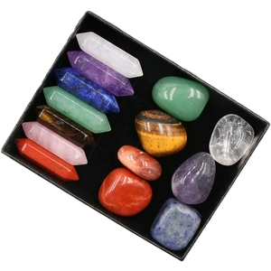 14-piece natural crystal healing set with hexagonal pillars and stones in a black gift box