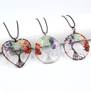 Tree Of Life Pendant Necklace Handmade Copper Wire Wrapped Natural Gemstone Chips Chakra Healing Crystal Jewelry