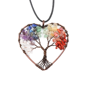 Handmade copper Tree of Life heart pendant necklace with colorful natural chakra stones
