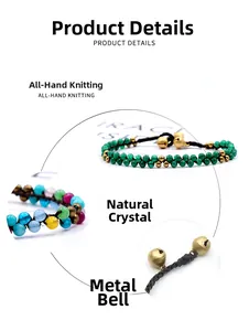 Detail of hand-woven bracelet showing natural crystal beads and a metal bell charm