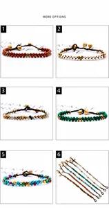 Macro shot of 6 woven bead bracelets with natural stones and tiny gold bells charms