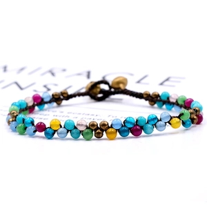 Bohemian Natural Stone Woven Bracelet With Bells Tiger's Eye Green Aventurine Beads Handmade Ethnic Jewelry For Women Men