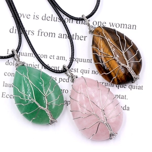Collier Pendentif Arbre De Vie Pierre Naturelle Cristal Enveloppé De Fil Larme Bijoux De Guérison Pour Femmes