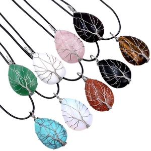 Lot de 8 pendentifs Arbre de Vie en forme de goutte avec pierres naturelles et fil argenté