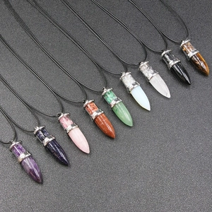Bullet shaped amethyst and rose quartz crystal pendants with black braided rope cords