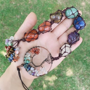 Chakra Natural Crystal Stones Tree Of Life Hanging Ornament Hand Woven Rope Healing Gemstone Car Decor Home Wall Art