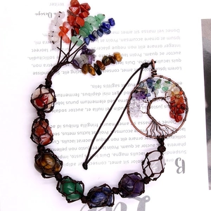 Chakra Tree of Life hanging ornament with natural crystals and hand-woven rope
