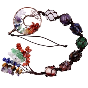 Chakra Tree of Life hanging ornament with raw natural crystals and braided rope design