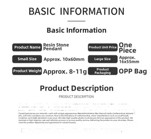 Specifications of resin stone pendant showing size 10x60mm and 16x55mm details