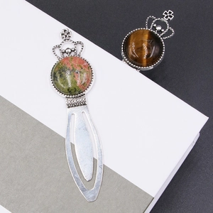 Vintage alloy crown bookmark with cross design and natural healing crystal gemstones