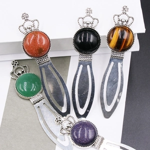 Vintage crown alloy bookmarks with natural crystal gemstones set of five colors