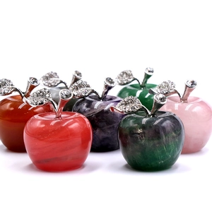 Polished natural crystal apple figurines in 7 colors with rhinestone leaf ornaments