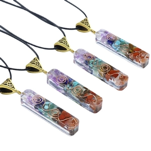Natural mixed gemstones resin pendant necklace set with copper spiral and black wax rope
