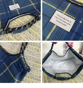 Detail views of blue plaid canvas tote showing woven handles and internal zipper pocket