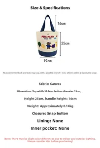 Detail view of canvas tote bag with animal embroidery and dimensions showing 25cm height