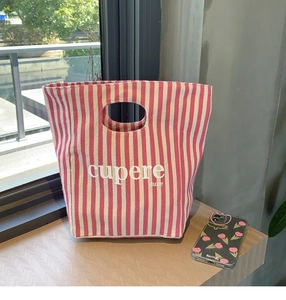 Borsa tote in tela a righe rosa e bianche con manico ovale e stampa tipografica