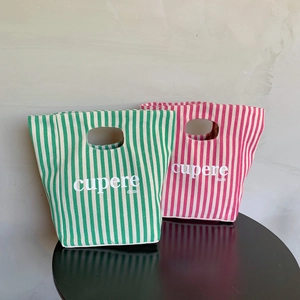 Borsa a Mano a Righe in Tela Minimalista Giapponese in Poliestere con Stampa Lettere Borsa Bento Pranzo Portatile per Donne Studenti
