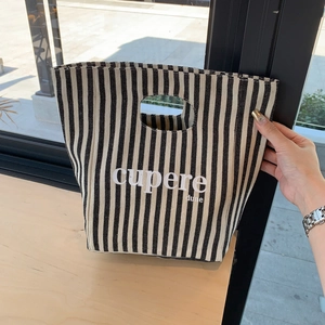 Borsa tote in tela a righe bianche e nere con manico circolare e stampa di lettere