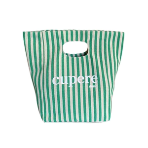 Borsa tote minimalista in tela a righe bianche e verdi con manici traforati e lettere