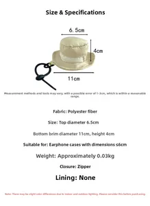 Mini hat-shaped earbud pouch with dimensions 11cm diameter and polyester zipper closure