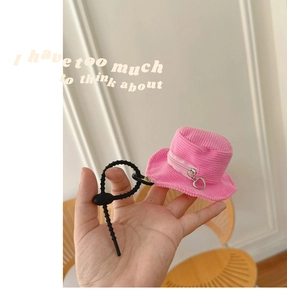 Pink corduroy mini bucket hat coin purse with heart zipper detail and adjustable strap