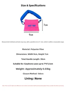 Size specifications for pink mini earphone pouch with blue handle and velcro closure