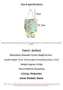 Detailed technical diagram of mint green quilted bucket bag with size and weight specs