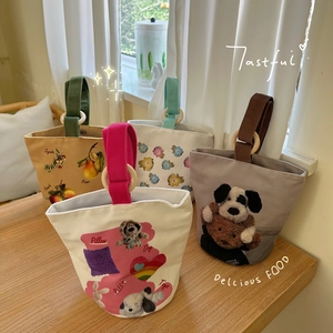 Borsa a Secchiello da Donna in Tela Stile Mori Giapponese Con Manico ad Anello in Legno Simpatica Stampa Floreale Frutta Decorazione Peluche 3D