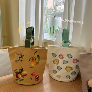 Borsa a secchiello in tela stile giapponese con manico in legno e fiori