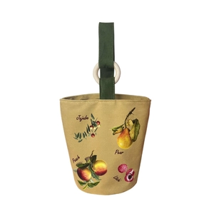 Borsa a secchiello in tela con manici in legno e stampe botaniche di frutti vintage
