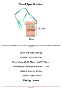 Detailed size chart and specifications for the orange polyester mini crossbody phone bag
