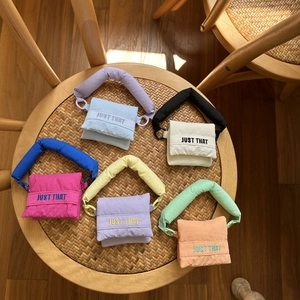 Mini Puffy Quilted Earbud Storage Bag Contrast Color Padded Polyester Handbag Pouch With JUST THAT Embroidery