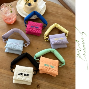 Mini puffy nylon crossbody bag in assorted pastel colors with contrast straps and embroidery