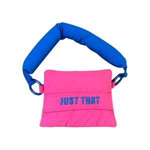 Quilted puffer mini shoulder bag in rose pink and royal blue with embroidery