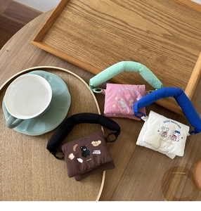 Three mini canvas bags with padded handles featuring bear and rabbit embroidery
