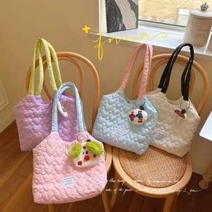 Women Heart Quilted Shoulder Bag Large Capacity Contrast Handle Underarm Tote Bag Fashion Casual Student School Bag