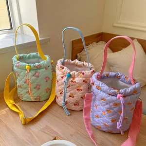 Quilted Bucket Bag Cotton Canvas Cartoon Bear Cherry Print Drawstring Padded Kawaii Crossbody Shoulder Handbag For Women