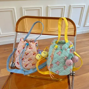 Quilted bucket bag set in candy colors with cute cherry and bear prints for women