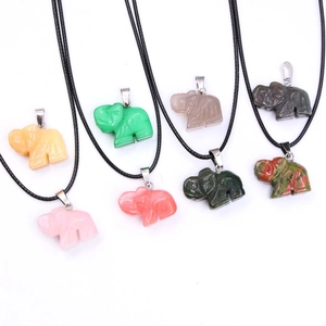 Elephant Pendant Necklace Natural Gemstone Carved Animal Reiki Healing Crystal Stone Jewelry With Alloy Bail And Cord