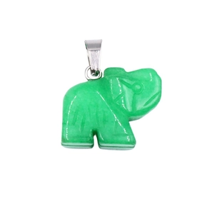 Natural green stone elephant pendant with silver bail on a clean white background