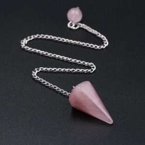 Polished rose quartz hexagonal pendulum pendant with silver chain for chakra healing