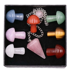 7 Chakra natural crystal mushroom stones and pendulum set in a black velvet gift box
