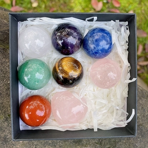 Chakra stone set with 7 polished crystal spheres and a rose quartz heart in gift box