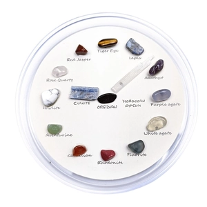 Natural crystal stone clock set featuring 15 mineral specimens in a round dial layout