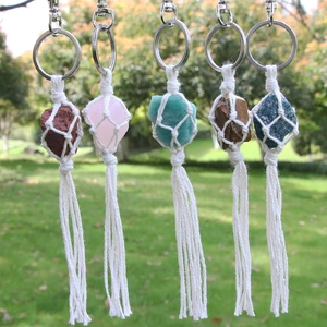 Natural Raw Stone Keychain Amethyst Quartz Hand Woven Cotton Rope Mesh Pocket Tassel Bohemian Bag Hanging Charm Ornament
