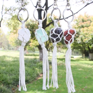 Handmade woven keychain with raw natural crystals and long tassel in four distinct colors