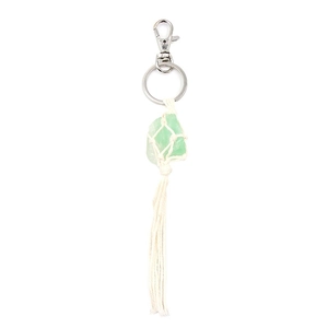Bohemian handmade keychain with raw gemstone and woven white cotton tassel decoration