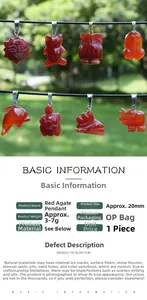 Macro detail of red agate pendants in bear and dolphin shapes with product dimensions