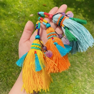 Bohemian handmade tassel keychain with colorful beads and purple amethyst crystals