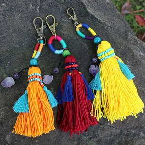 Bohemian handmade keychain with colorful tassels and amethyst crystal for bag decor